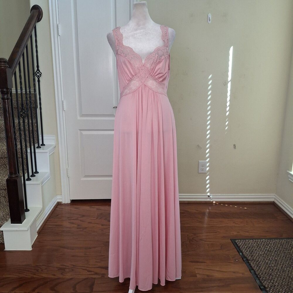 Vintage OLGA Babydoll Pink Nylon Lace Maxi Slip Dress Lingerie #9294 Large USA